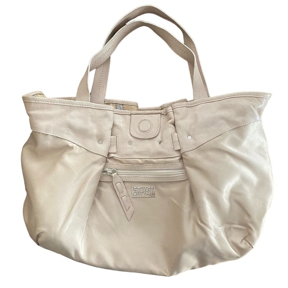 Stuart Weitzman Woven Fabric Leather Hobo Bag Cream Tan Sky Blue Tote Bag Charm - Picture 2 of 12